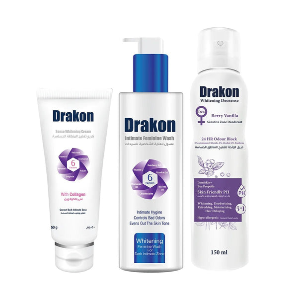 Drakon Feminine Intimate Wash + Senso Whitening Cream + Deosense Berry Spray - Drakon