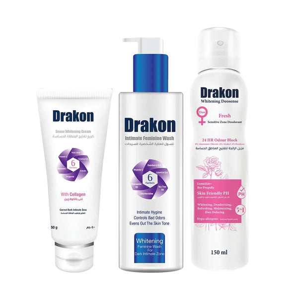 Drakon Feminine Intimate Wash + Senso Whitening Cream + Deosense Fresh Spray - Drakon