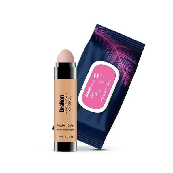 Drakon® Whitening Eye Contour Concealer Medium + Whitening Eye & Lip Wipes Makeup Remover - Drakon
